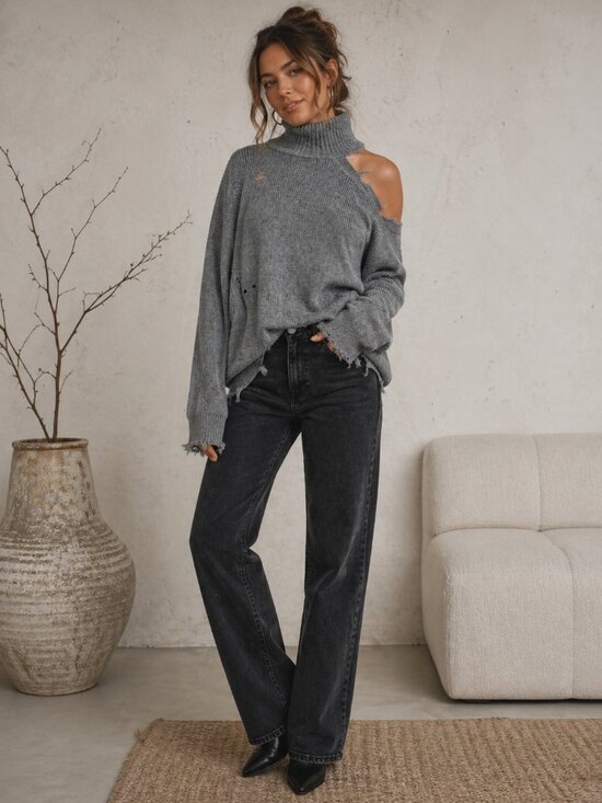 Lovers + Friends Sweaters - Lovers + Friends Arlington Sweater Gray Distressed One-Shoulder Cutout Size S